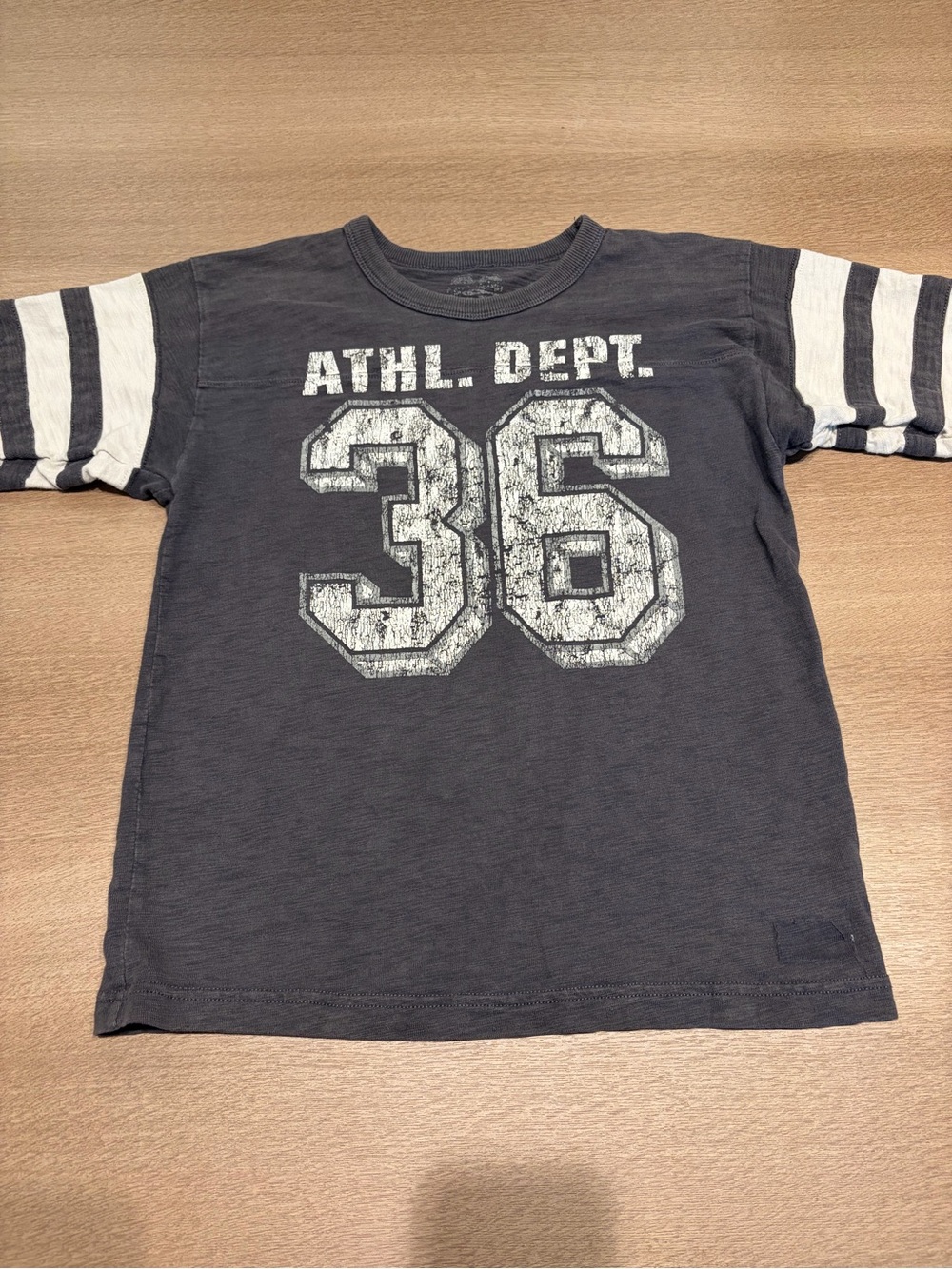 Distressed Kids Short-Sleeve Charcoal Tee with White Sleeve Stripes